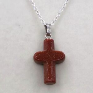 Vintage goldstone cross pendant on sterling chain